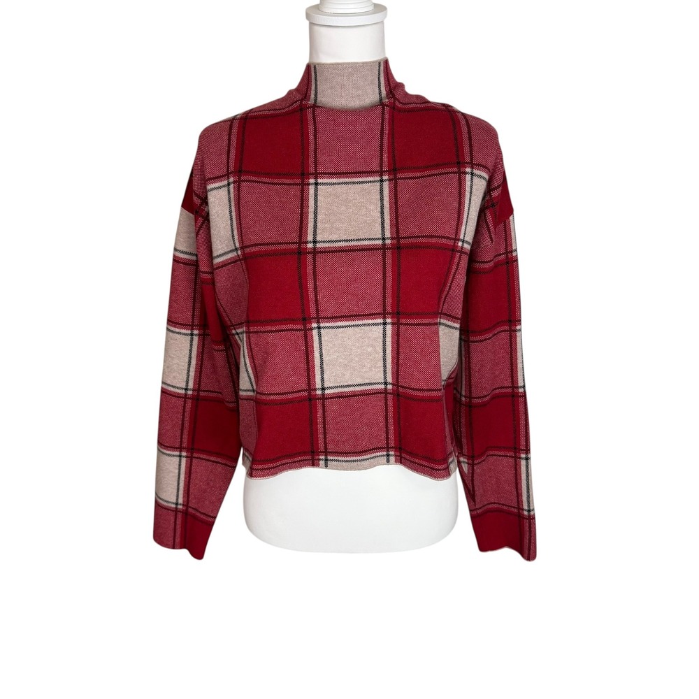 Tahari Plaid Mock Neck Cropped Sweater Women XL Red Tan Long Sleeve Knit Top